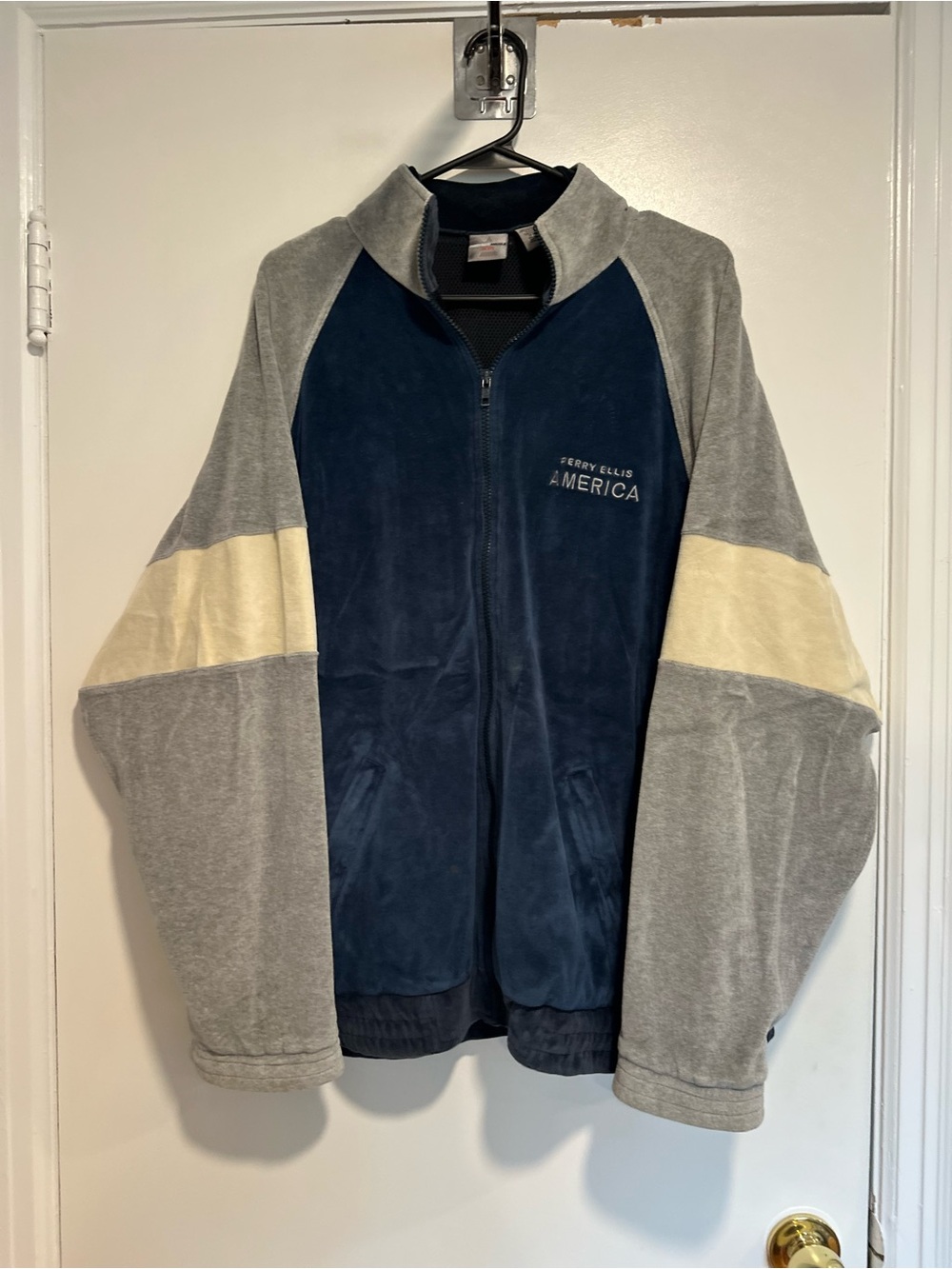 VTG Perry Ellis America Sz:M colorblock velour Full Zip Lined track jacket